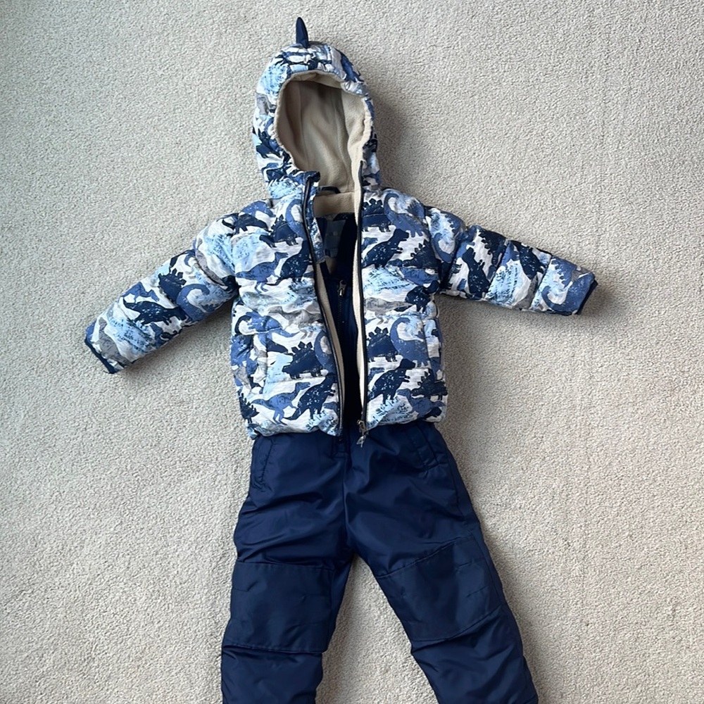 Dino coat and snow bibs set (like-new)